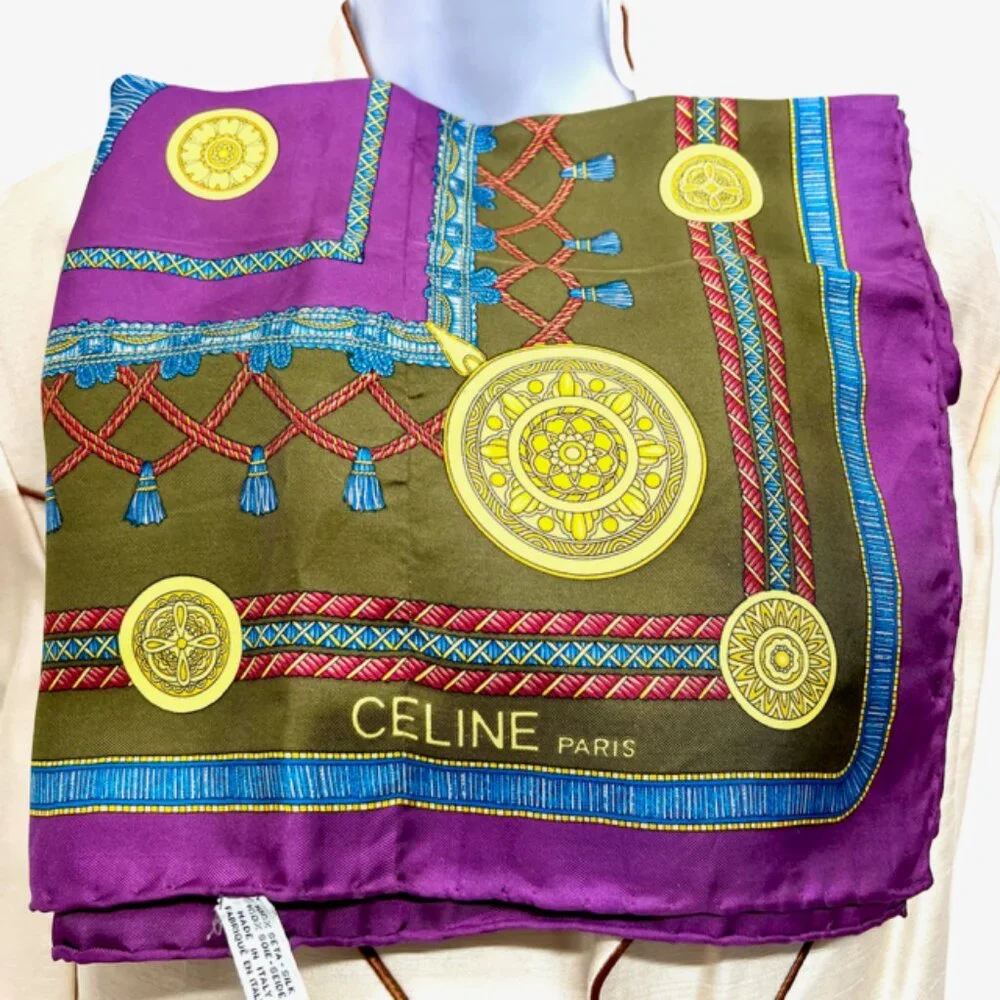 Vgt Celine Paris 100% Silk Scarf Satin 32" purple blue olive red twine tassel(44 - Picture 7 of 15